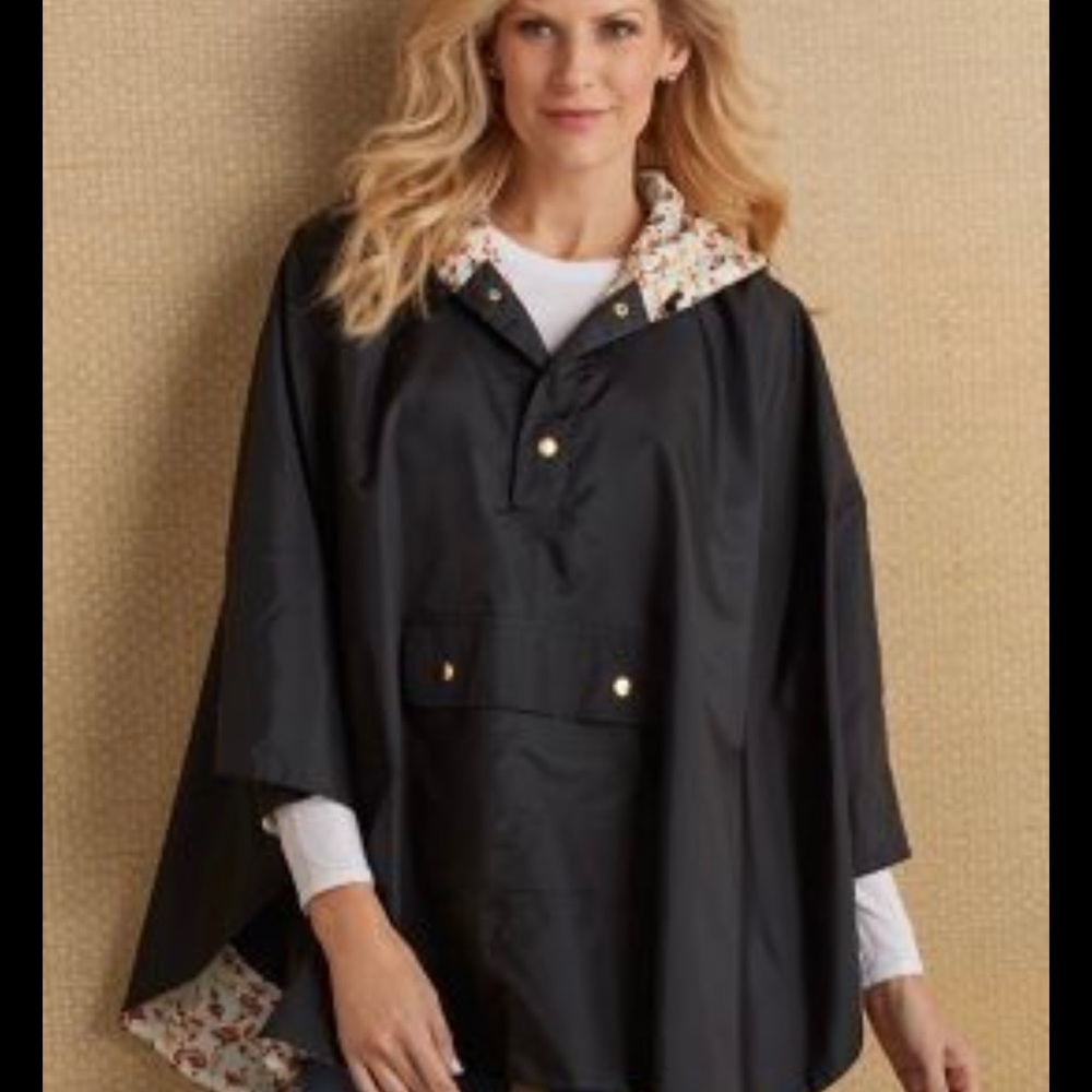 Soft Surroundings Black Rain Poncho with Floral Lining